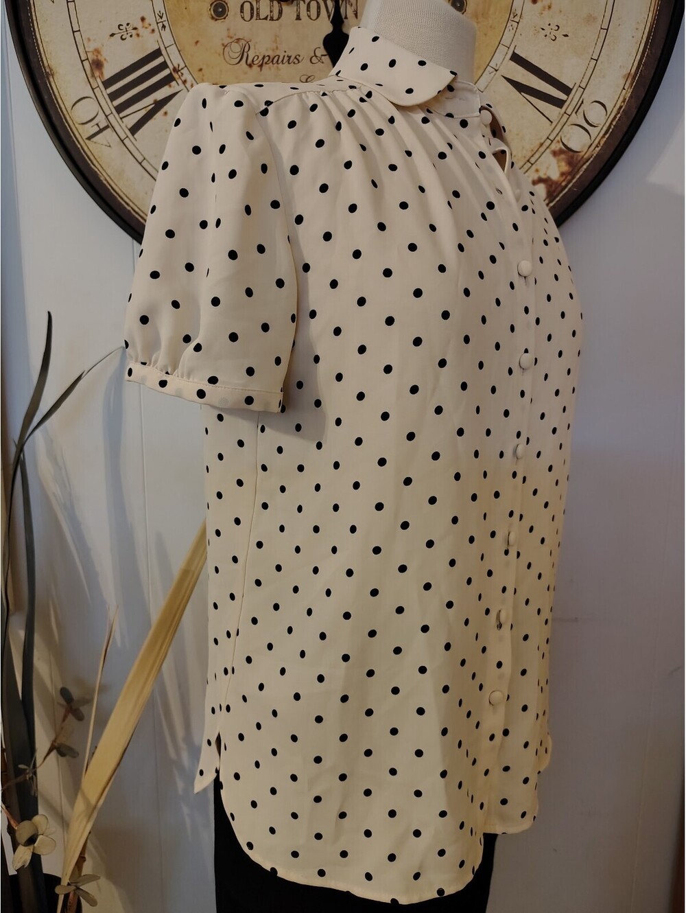 Vintage Style Cream Polka Dot Button-Up Blouse Small - Picture 4 of 9
